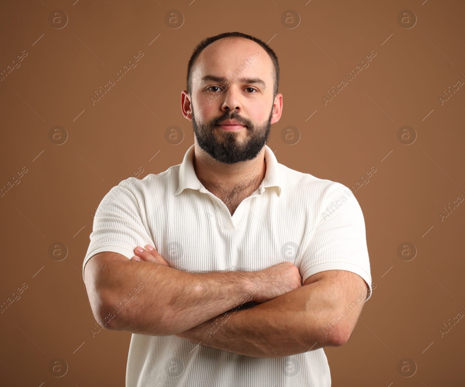 Photo of Baldness problem. Portrait of man with receding hairline on brown background