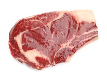 Photo of Piece of raw beef meat isolated on white, top view