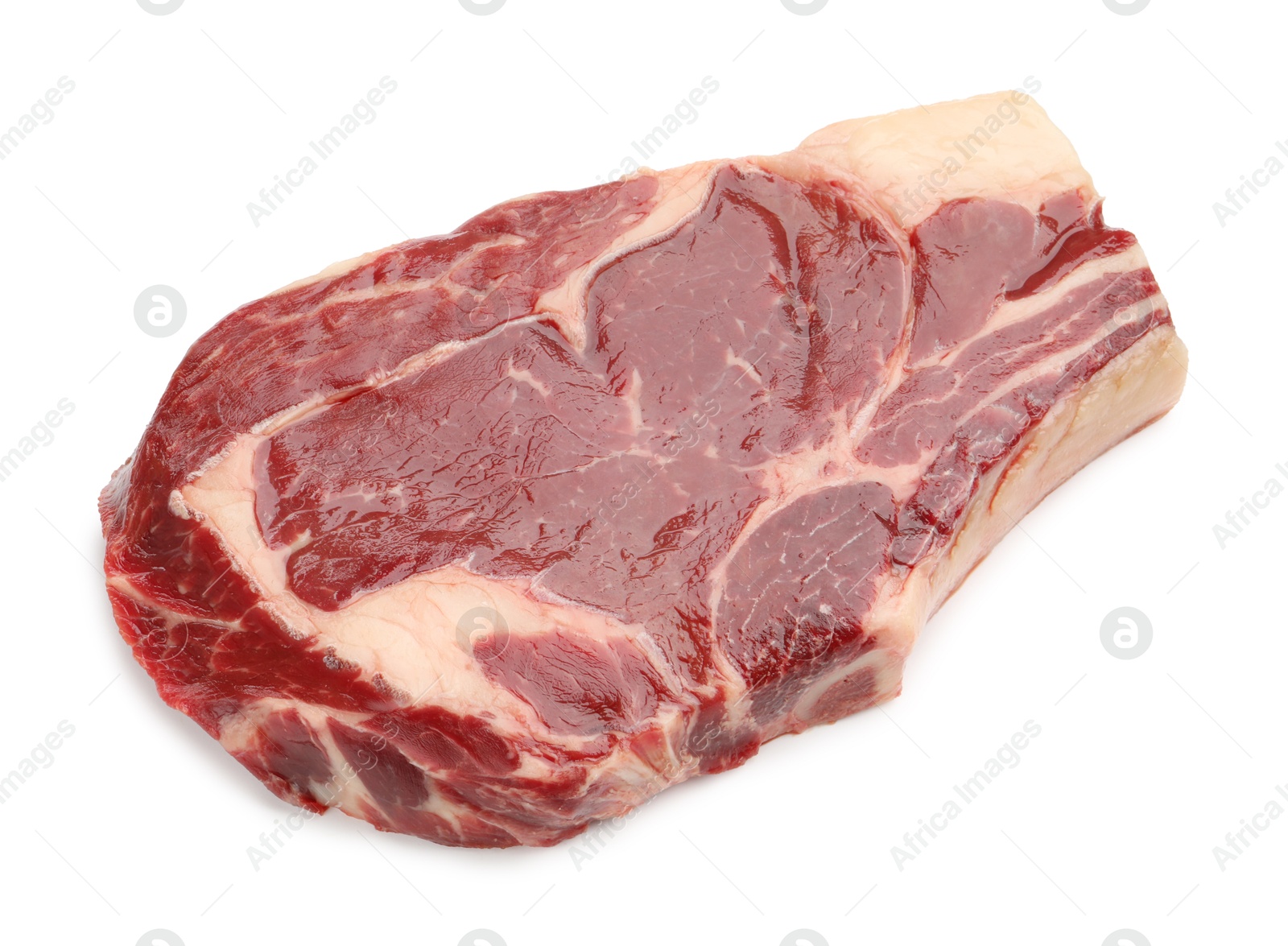 Photo of Piece of raw beef meat isolated on white, above view