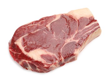 Photo of Piece of raw beef meat isolated on white, above view