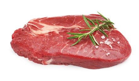 Photo of Piece of raw beef meat and spices isolated on white