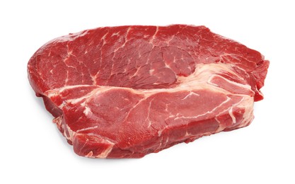 Photo of Piece of raw beef meat isolated on white, above view