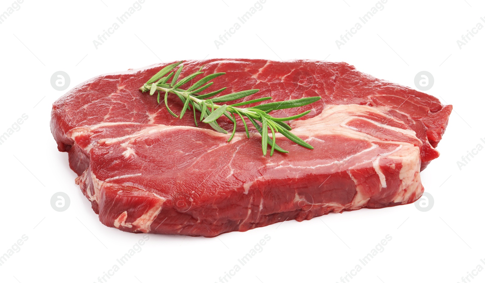 Photo of Piece of raw beef meat and rosemary isolated on white