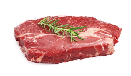 Photo of Piece of raw beef meat and rosemary isolated on white