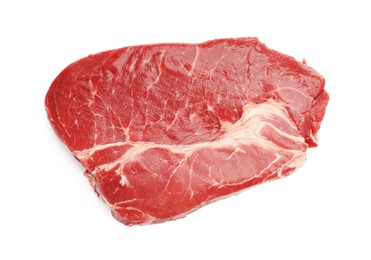 Photo of Piece of raw beef meat isolated on white, top view