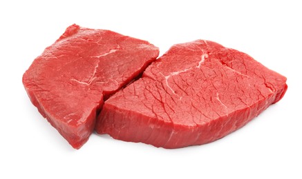 Photo of Pieces of raw beef meat isolated on white
