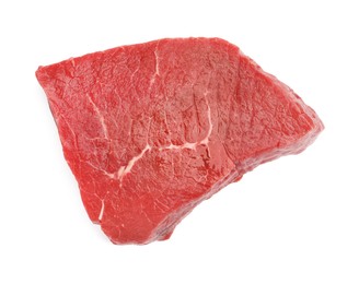 Photo of Piece of raw beef meat isolated on white, top view
