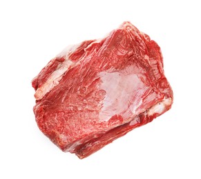Photo of Piece of raw beef meat isolated on white, top view
