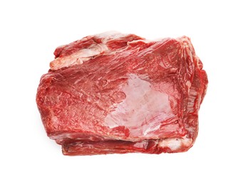 Photo of Piece of raw beef meat isolated on white, top view
