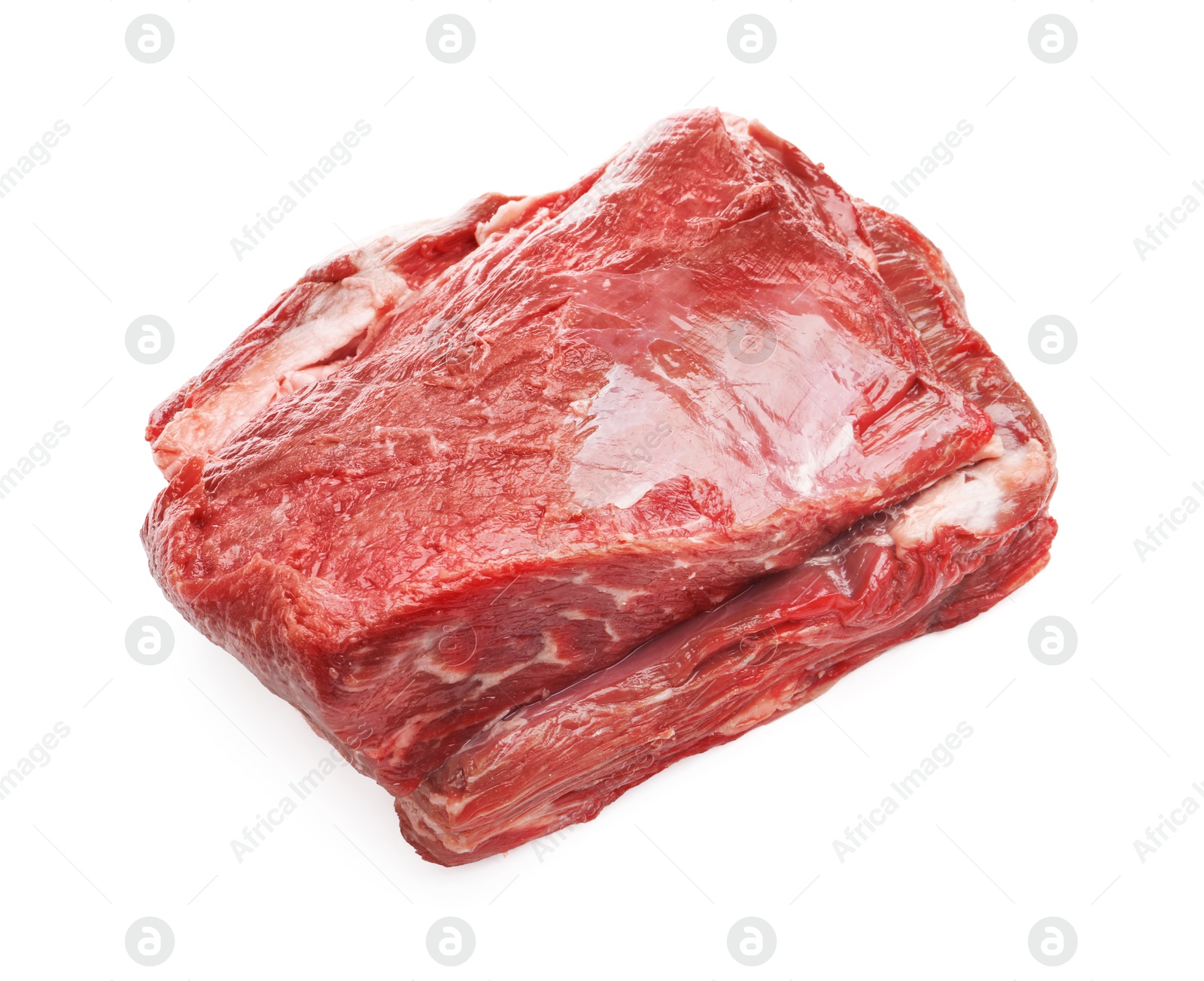 Photo of Piece of raw beef meat isolated on white, top view