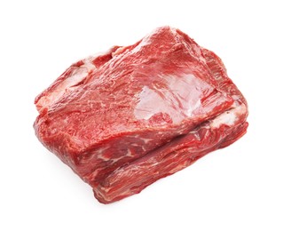 Photo of Piece of raw beef meat isolated on white, top view