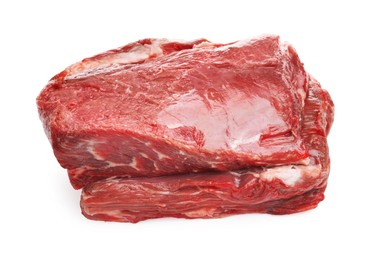 Photo of Piece of raw beef meat isolated on white, above view