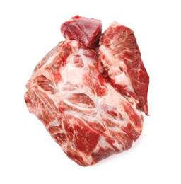 Photo of Piece of raw beef meat isolated on white, top view