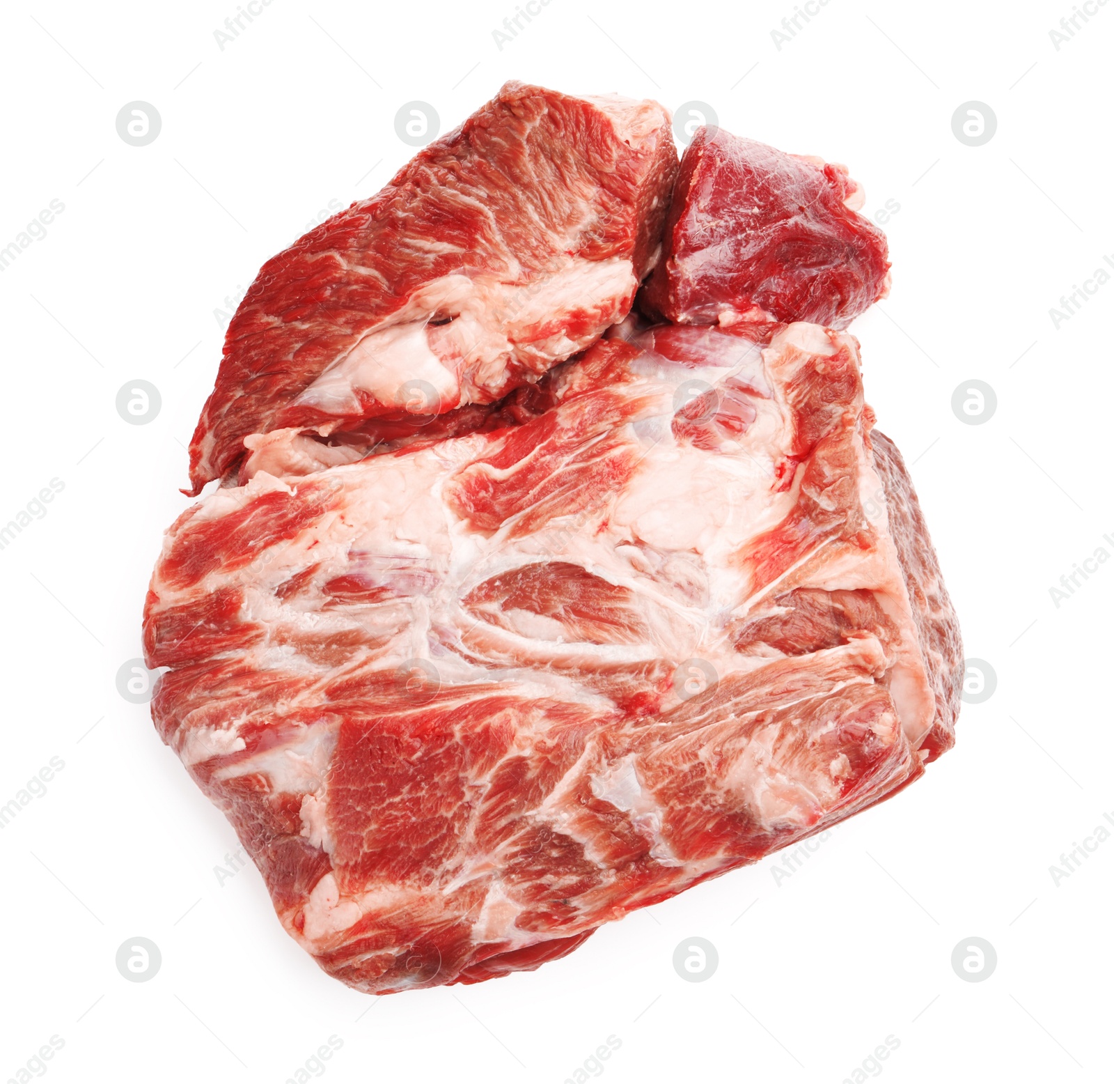 Photo of Piece of raw beef meat isolated on white, top view