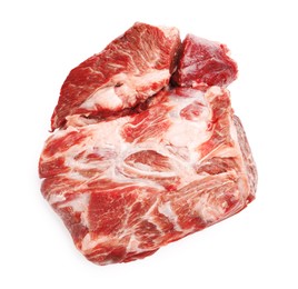 Photo of Piece of raw beef meat isolated on white, top view