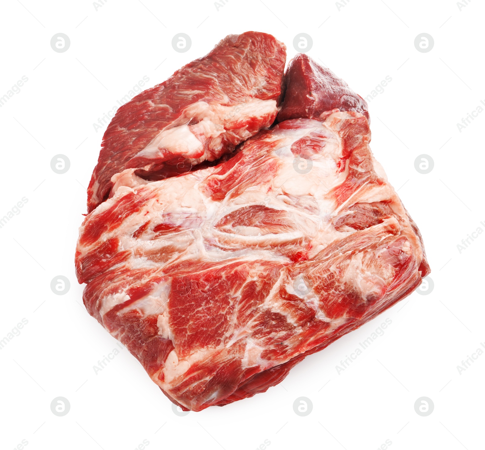 Photo of Piece of raw beef meat isolated on white, top view