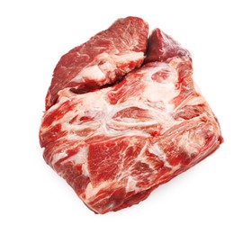 Photo of Piece of raw beef meat isolated on white, top view