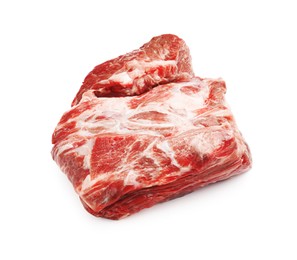Photo of Piece of raw beef meat isolated on white, above view