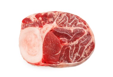 Photo of Piece of raw beef meat isolated on white, top view