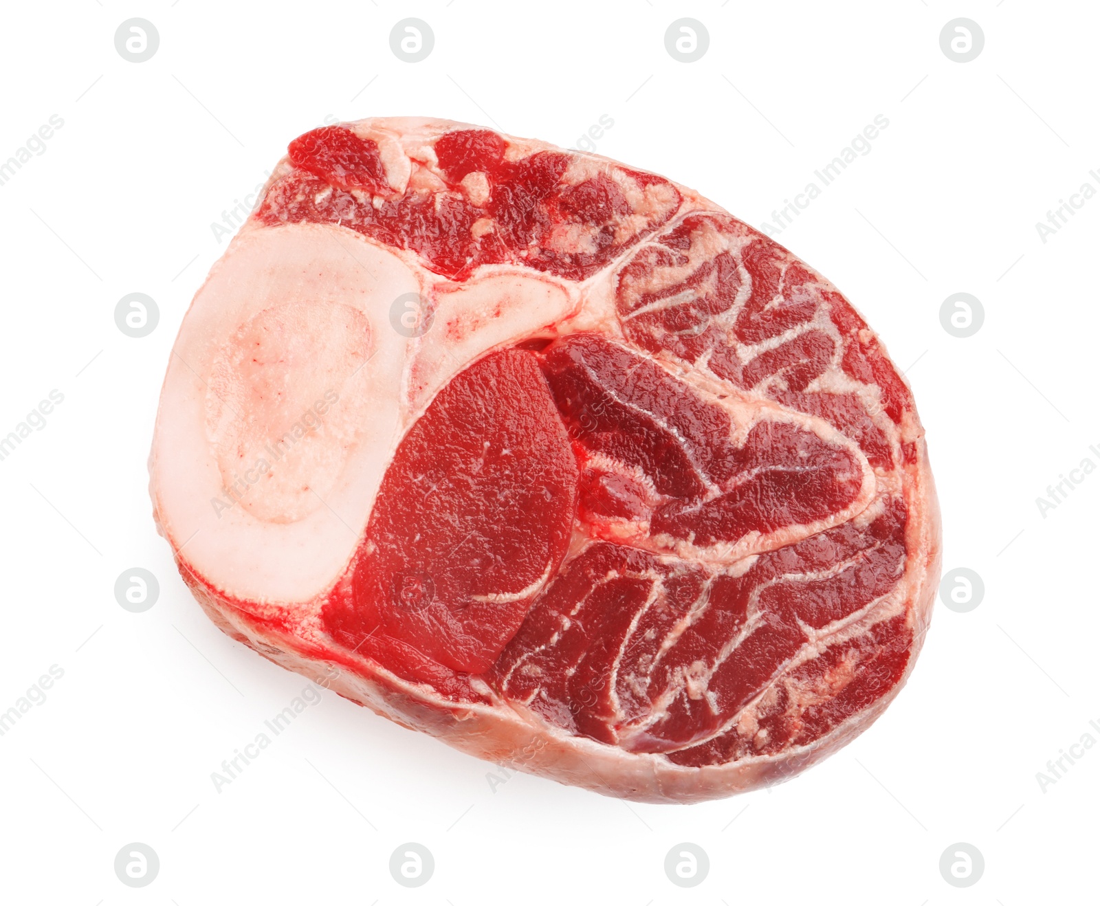 Photo of Piece of raw beef meat isolated on white, top view
