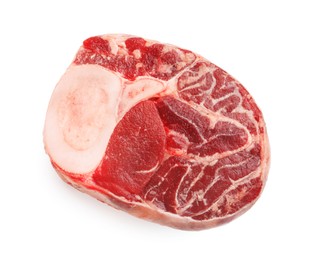 Photo of Piece of raw beef meat isolated on white, top view
