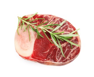Photo of Piece of raw beef meat and rosemary isolated on white, top view