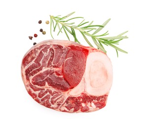 Photo of Piece of raw beef meat and spices isolated on white, top view