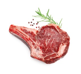Photo of Piece of raw beef meat and spices isolated on white, top view
