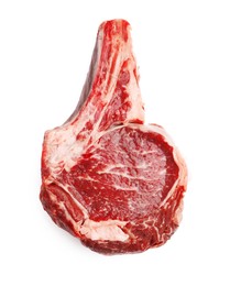Photo of Piece of raw beef meat isolated on white, top view