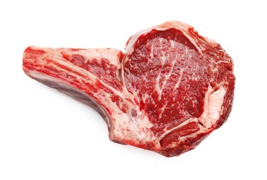 Photo of Piece of raw beef meat isolated on white, top view