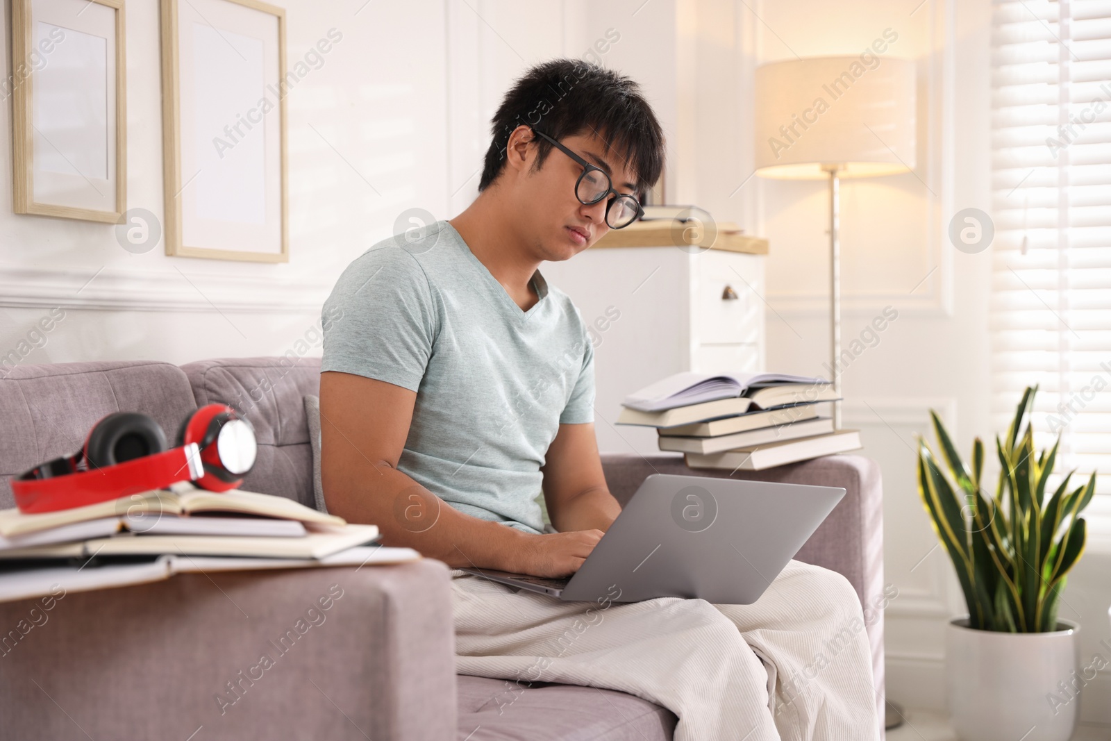 Photo of Student in glasses with laptop and books preparing for exam on sofa at home