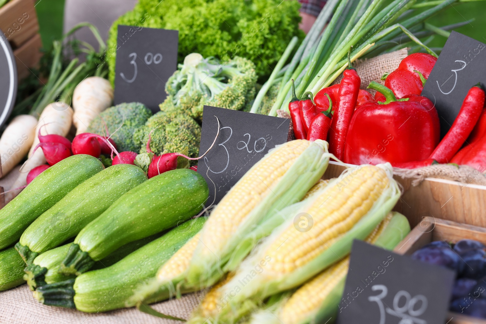 Photo of Many different vegetables on stall at farmer's market, closeup