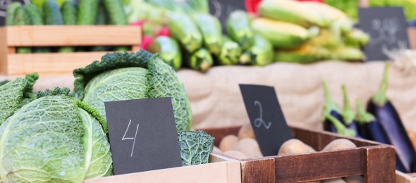 Photo of Many different vegetables on stall at farmer's market, closeup