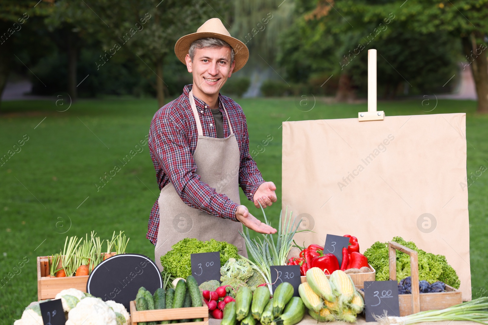 Photo of Happy farmer near stall with different fresh vegetables at market