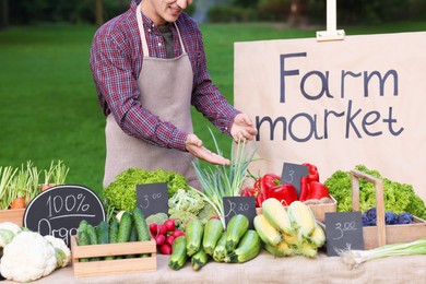 Photo of Farmer near stall with different fresh vegetables at market, closeup