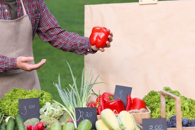 Photo of Farmer near stall with different fresh vegetables at market, closeup