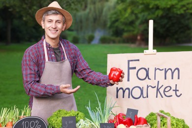 Photo of Happy farmer near stall with different fresh vegetables at market