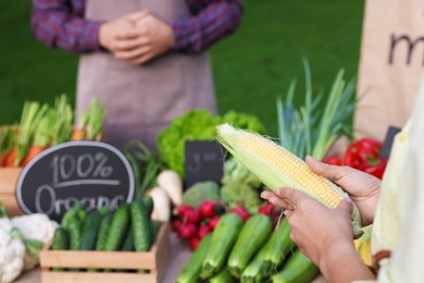 Photo of Woman choosing fresh vegetables from stall at farmer's market, closeup