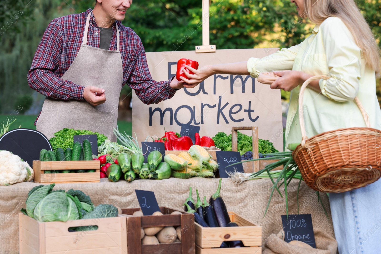 Photo of Woman choosing fresh vegetables from stall at farmer's market, closeup