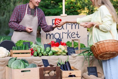 Photo of Woman choosing fresh vegetables from stall at farmer's market, closeup