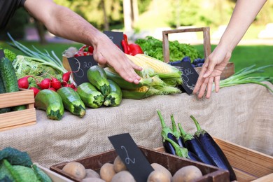 Photo of Woman choosing fresh vegetables from stall at farmer's market, closeup