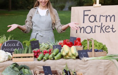 Photo of Farmer near stall with different fresh vegetables at market, closeup