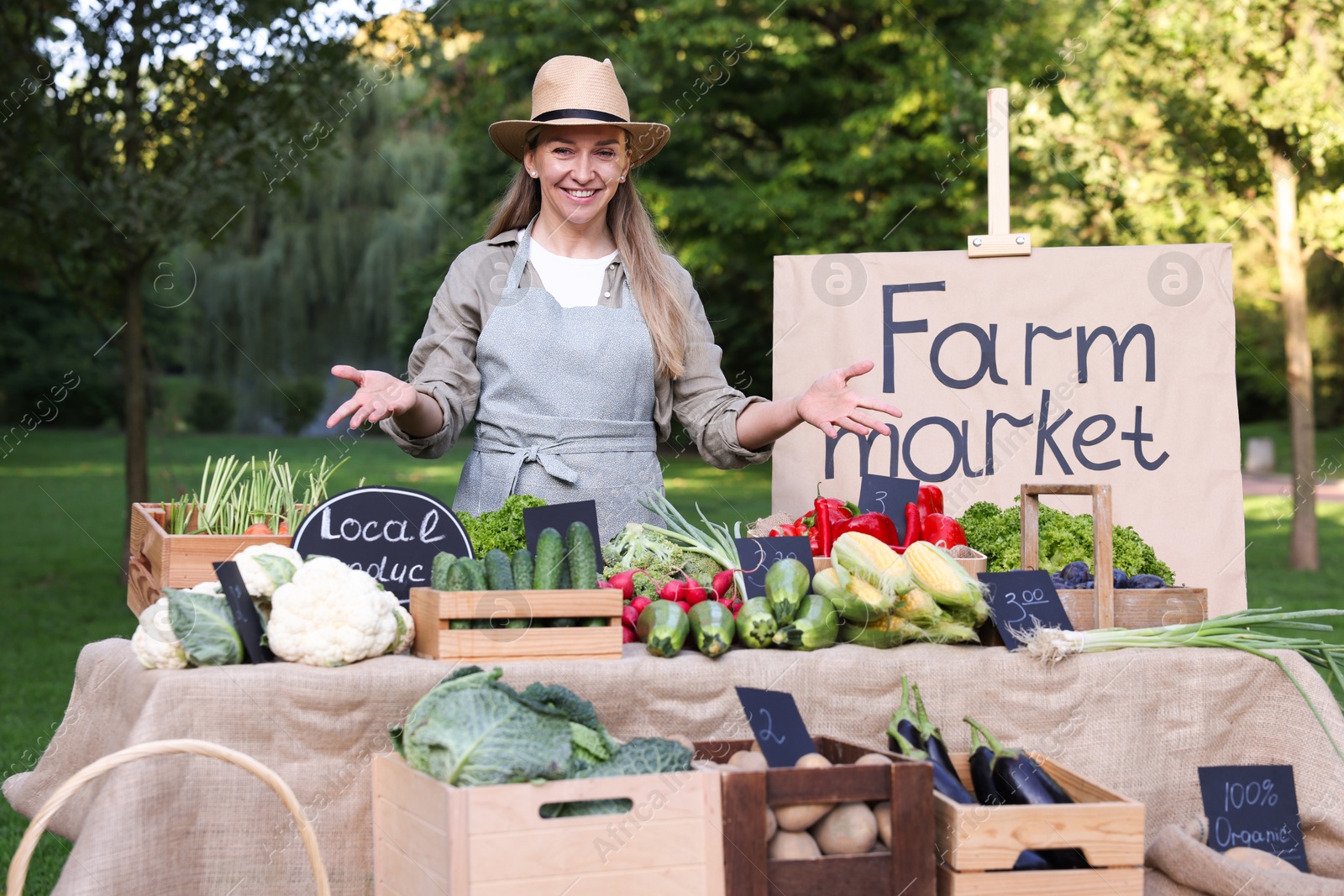 Photo of Farmer near stall with different fresh vegetables at market