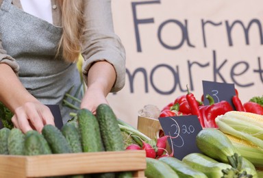 Photo of Farmer near stall with different fresh vegetables at market, closeup
