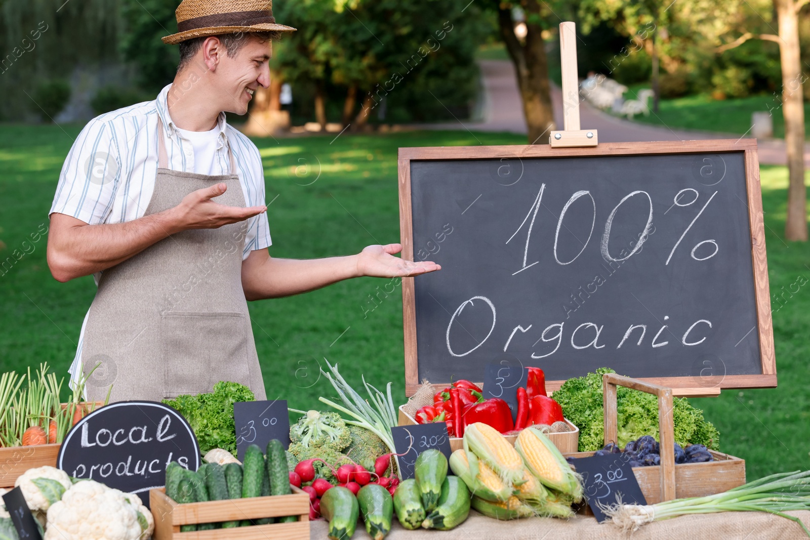 Photo of Happy farmer near stall with different fresh vegetables at market