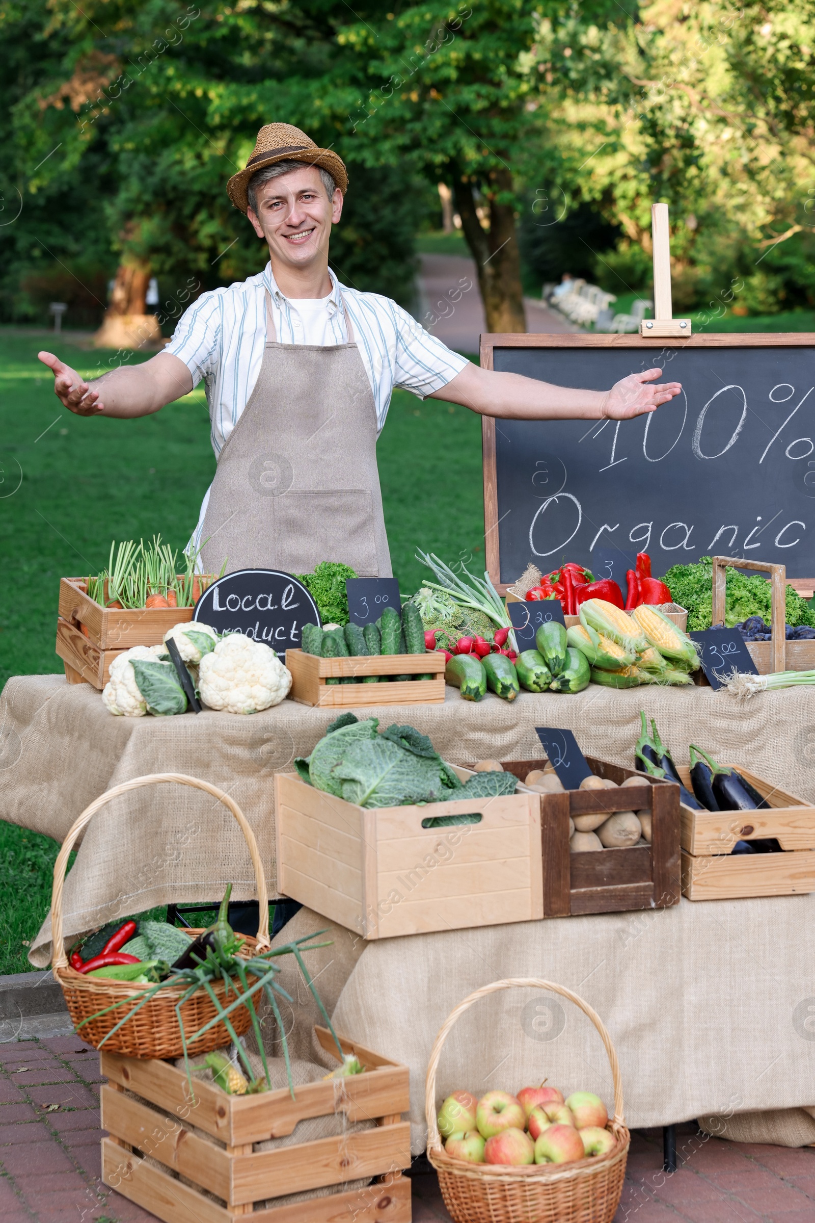 Photo of Happy farmer near stall with different fresh vegetables at market
