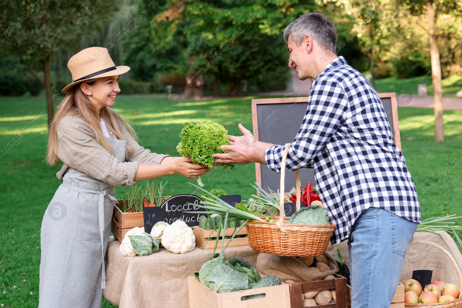Photo of Man choosing fresh vegetables from stall at farmer's market