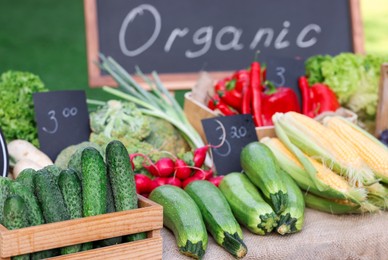 Photo of Many different vegetables on stall at farmer's market, closeup
