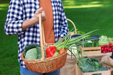 Photo of Man with different vegetables in wicker basket at farmer's market, closeup