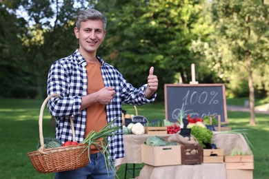 Photo of Happy man with different vegetables in wicker basket showing thumbs up at farmer's market